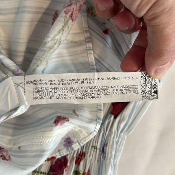 ZARA XS White Blue Vercial Stripe Floral Two Way Quarter Sl On Off Shoulder Top - Picture 10 of 10